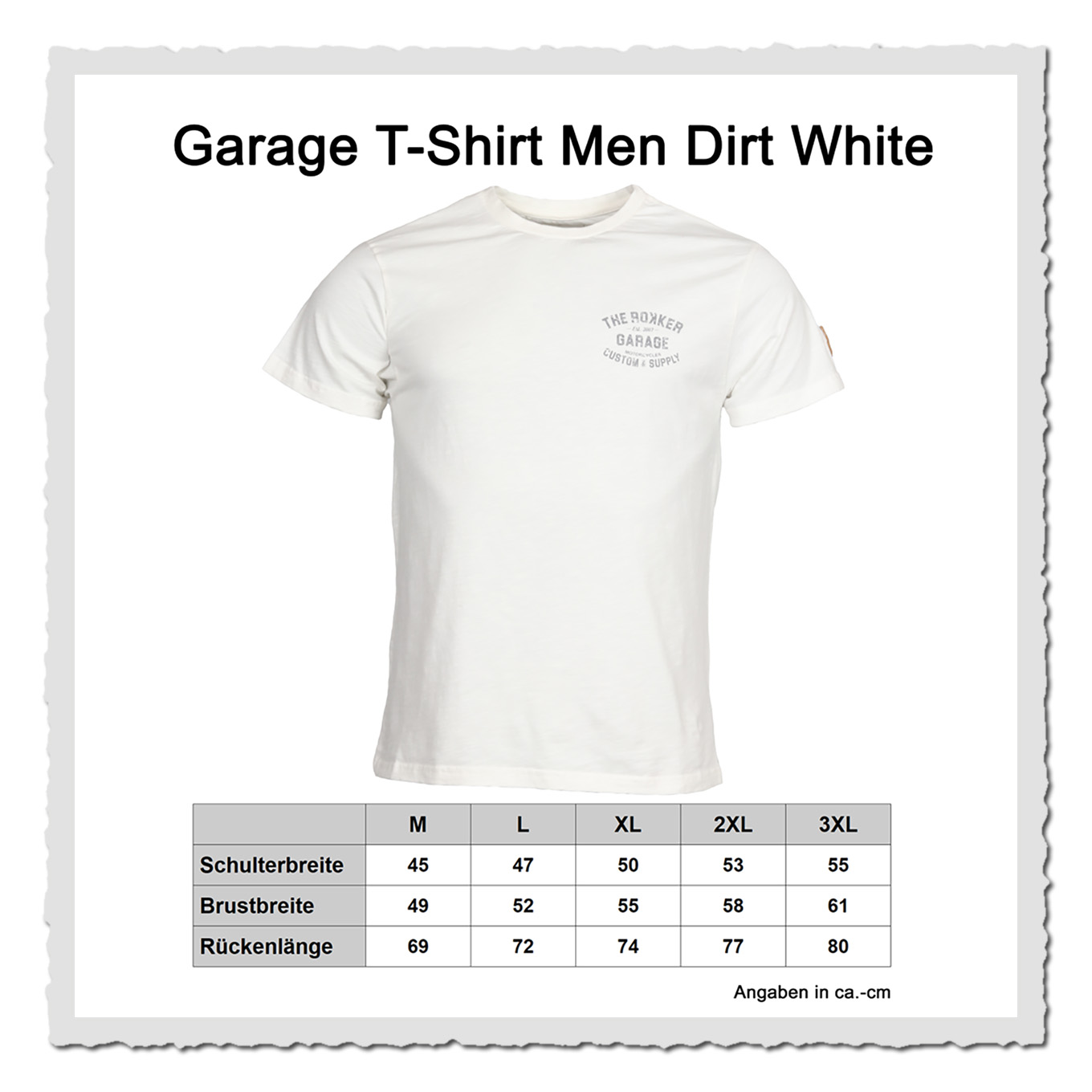 Produktgrafik mit Maßtabelle: offwhite T-Shirt vorn und Größentabelle darunter, weißer Hintergrund.